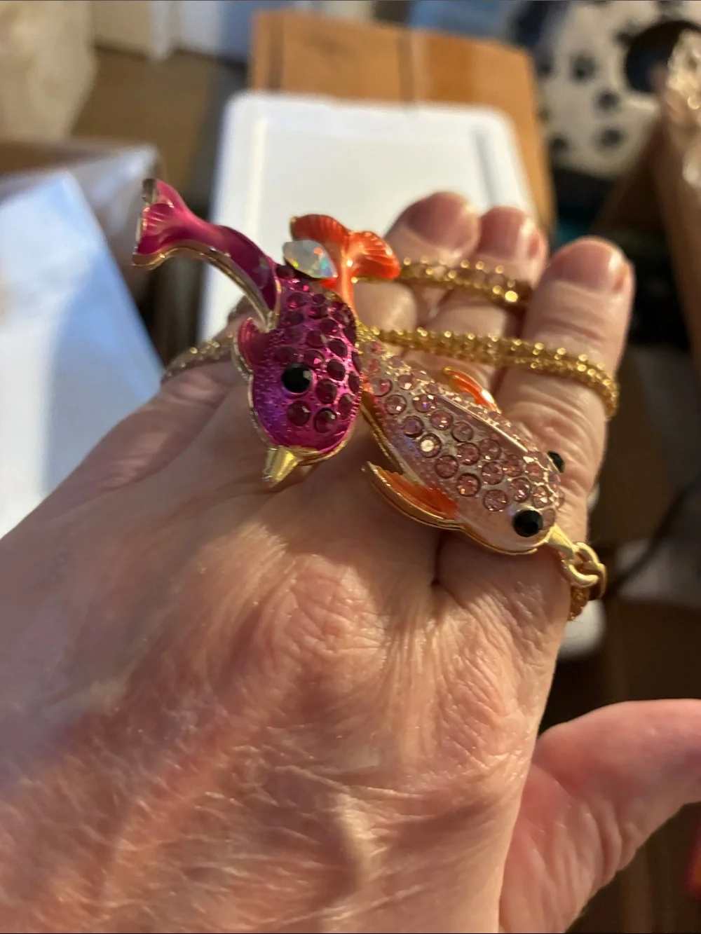 Dolphins swimming together Necklace in Pink and Orange